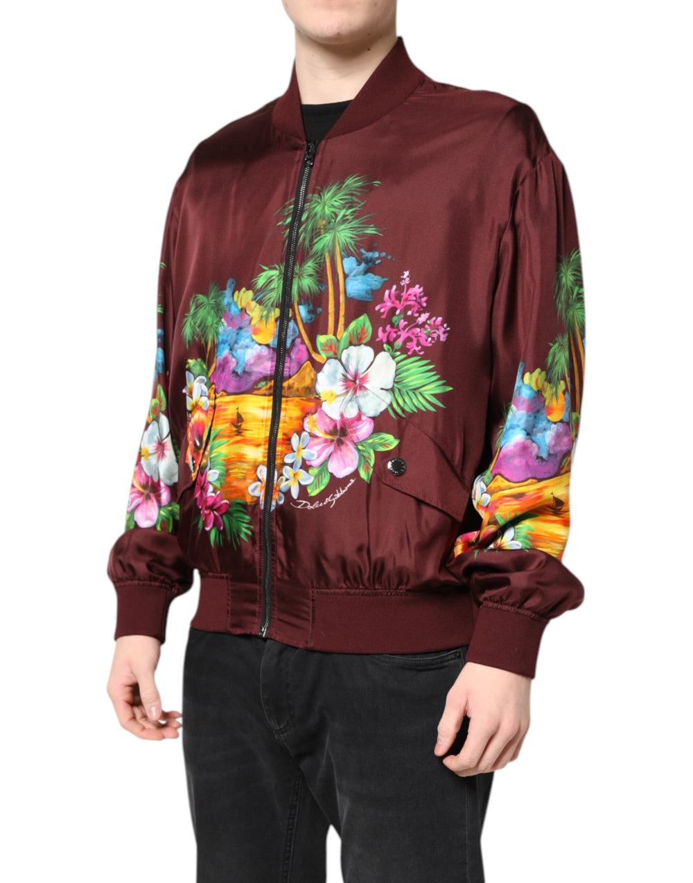 Dolce & Gabbana Silk Bomber Jacket in Maroon