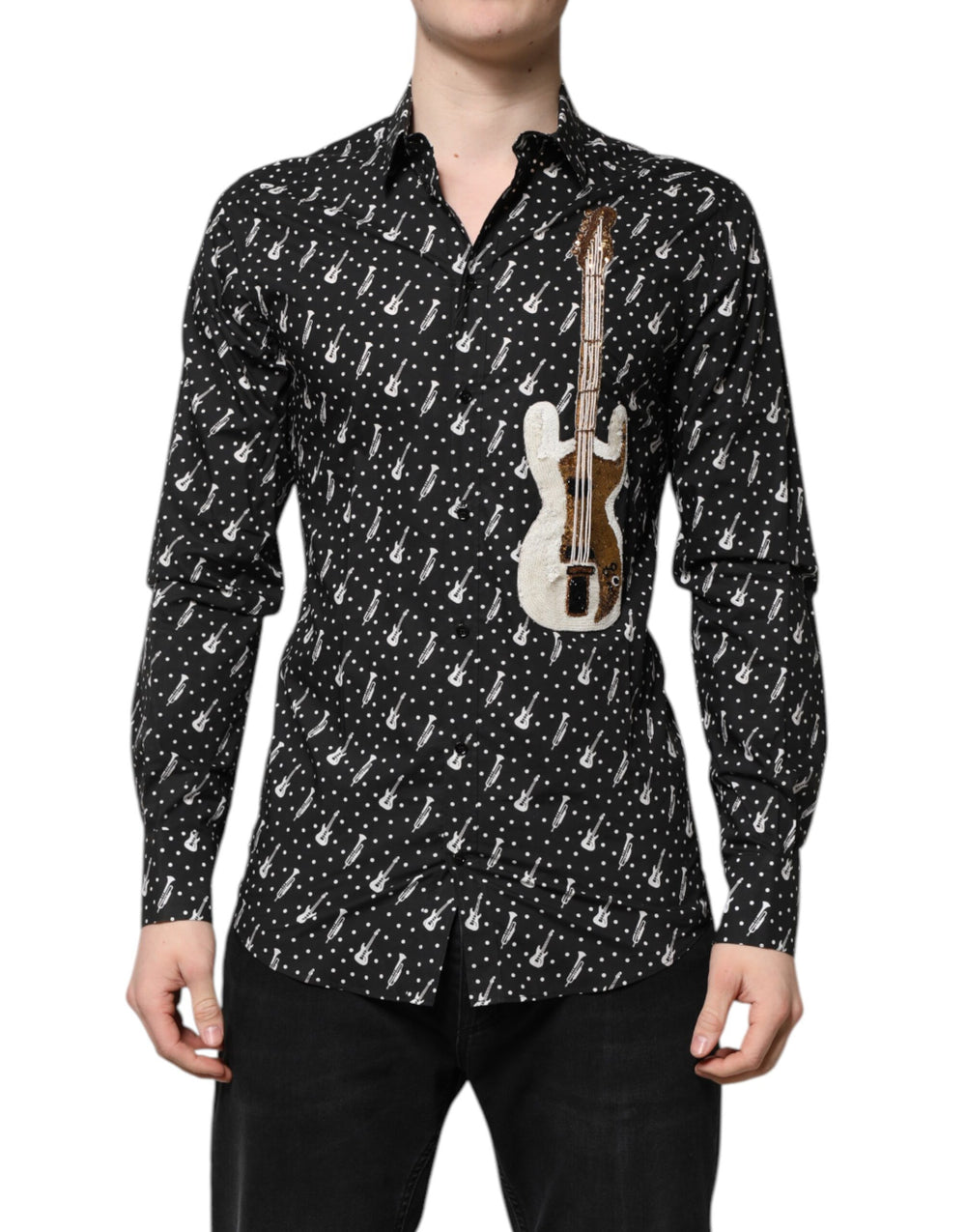 Dolce & Gabbana 100% Cotton GOLD Instrument Embellished Shirt in Black