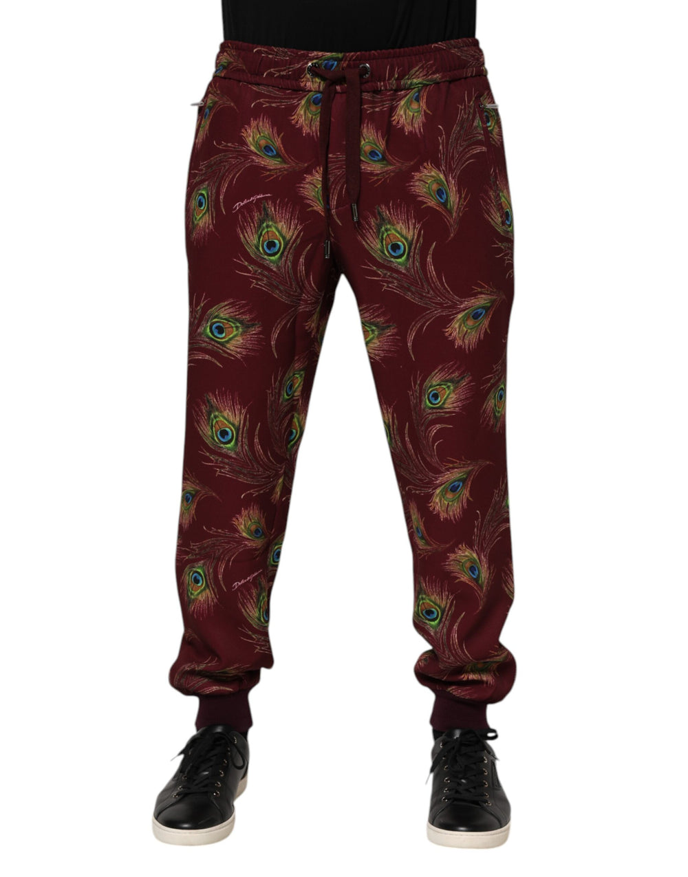 Burgundy Peacock Feather Print Jogger Pants mens luxury fashion - Mens Edit