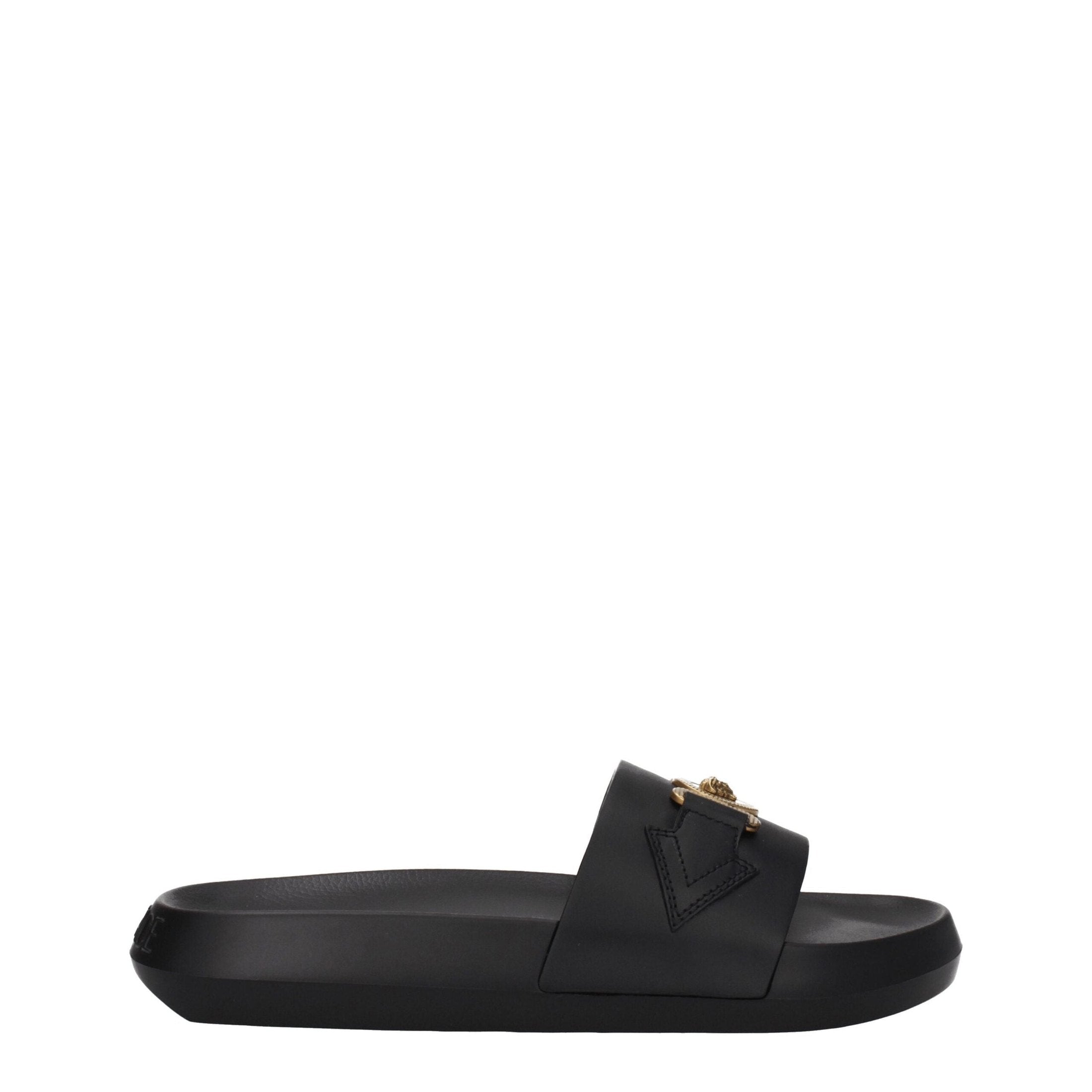 Versace Black Leather Slippers Logo mens luxury fashion - Mens Edit
