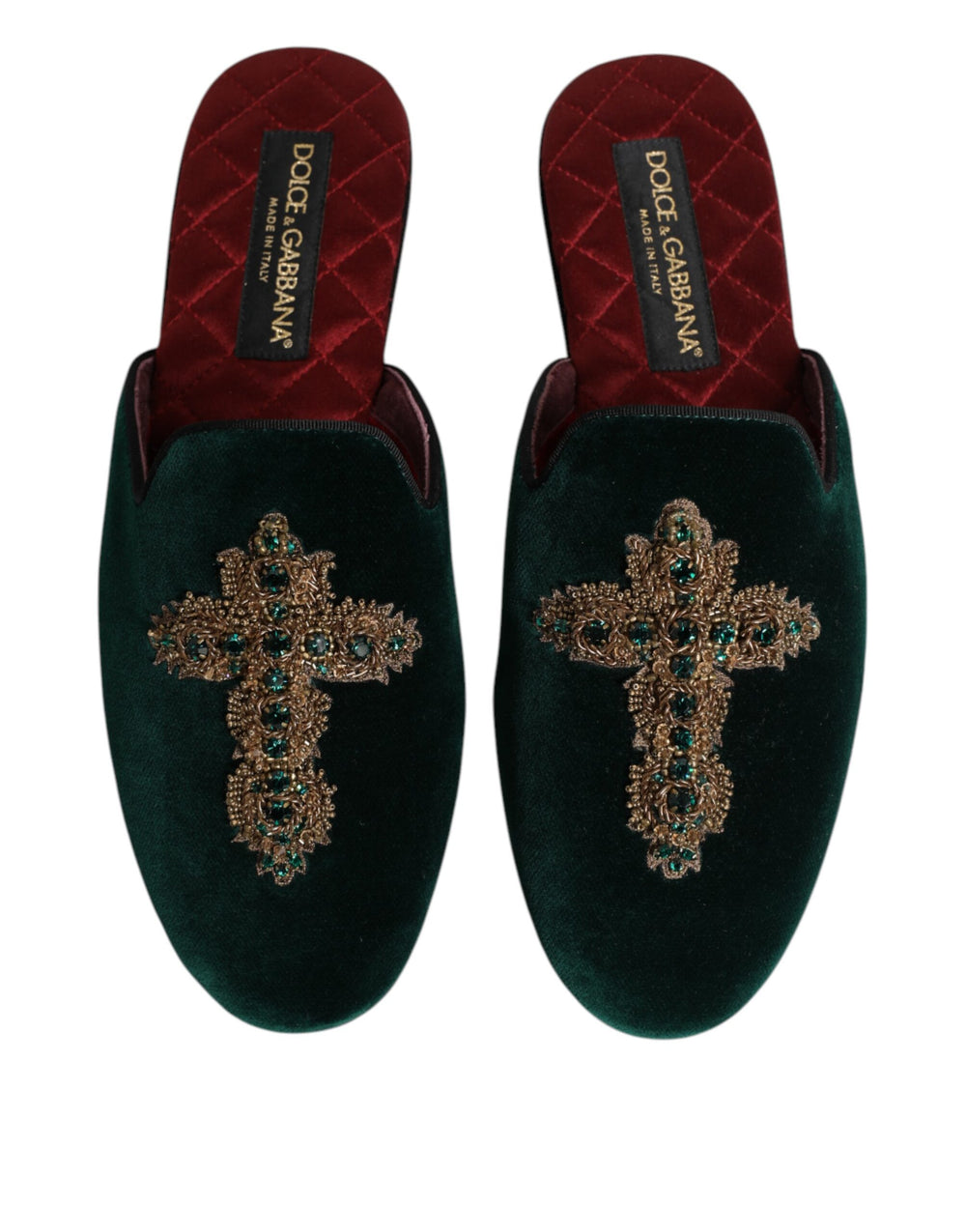 Dolce & Gabbana Velvet Cross-Embellished Slippers in Green