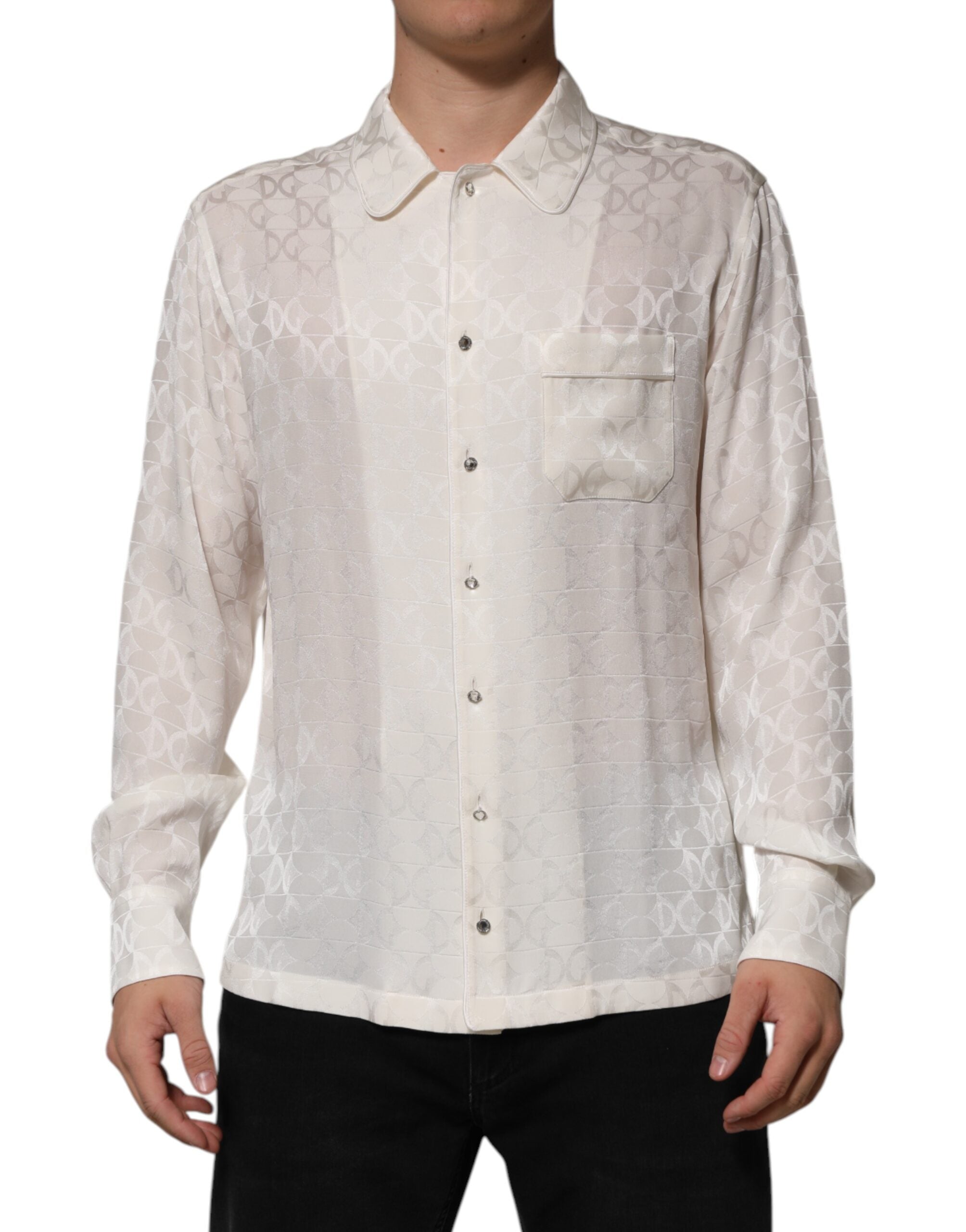 White Silk DG Logo Print Long Sleeves Shirt mens luxury fashion - Mens Edit