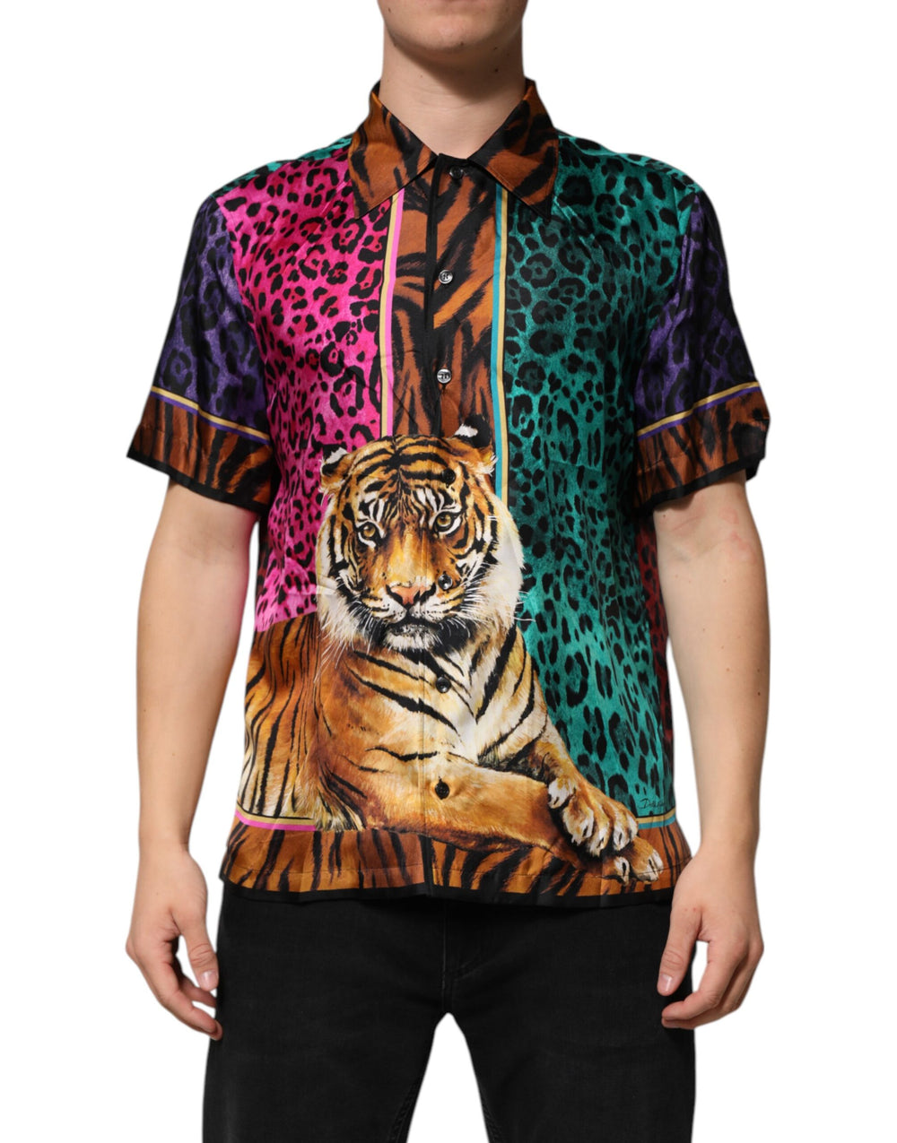 Dolce & Gabbana 100% Silk Tiger Print Hawaiian Shirt in Multicolor