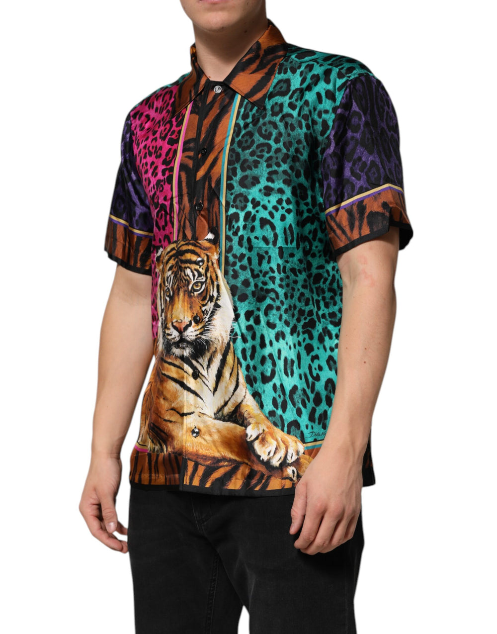 Dolce & Gabbana 100% Silk Tiger Print Hawaiian Shirt in Multicolor