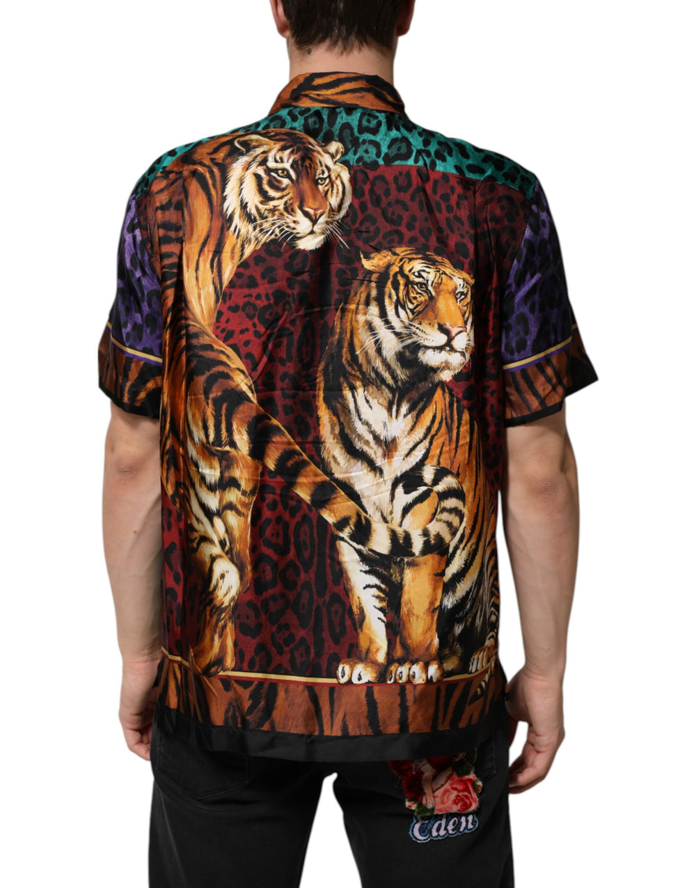Dolce & Gabbana 100% Silk Tiger Print Hawaiian Shirt in Multicolor