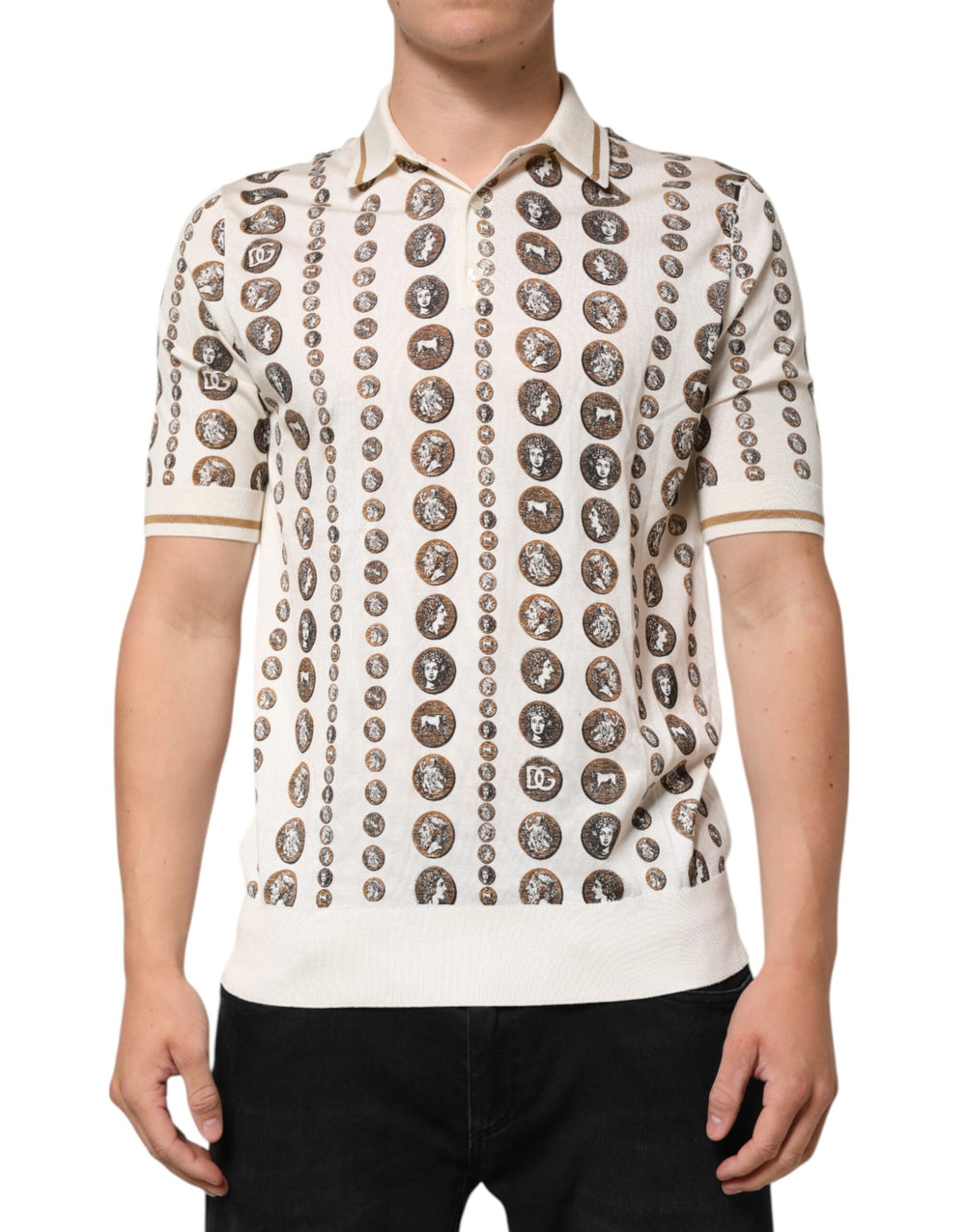 Silk Ivory Coin Print Logo Men Polo T-shirt mens luxury fashion - Mens Edit