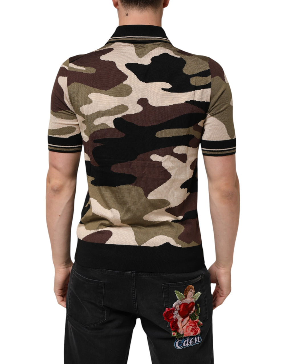 Dolce & Gabbana 100% Silk Military Polo Shirt in Brown Camouflage