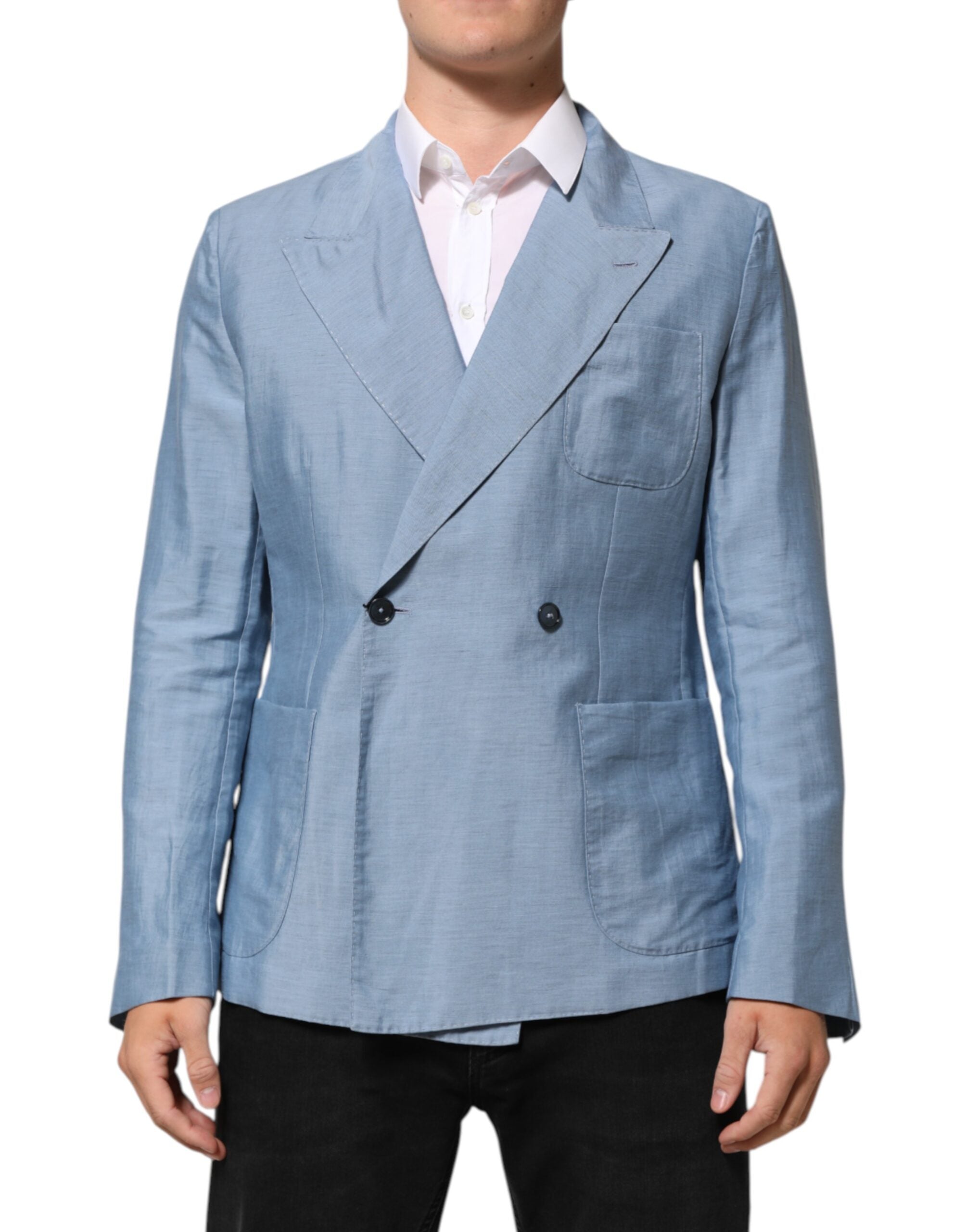 Light Blue Linen Double Breasted Men Jacket Blazer mens luxury fashion - Mens Edit