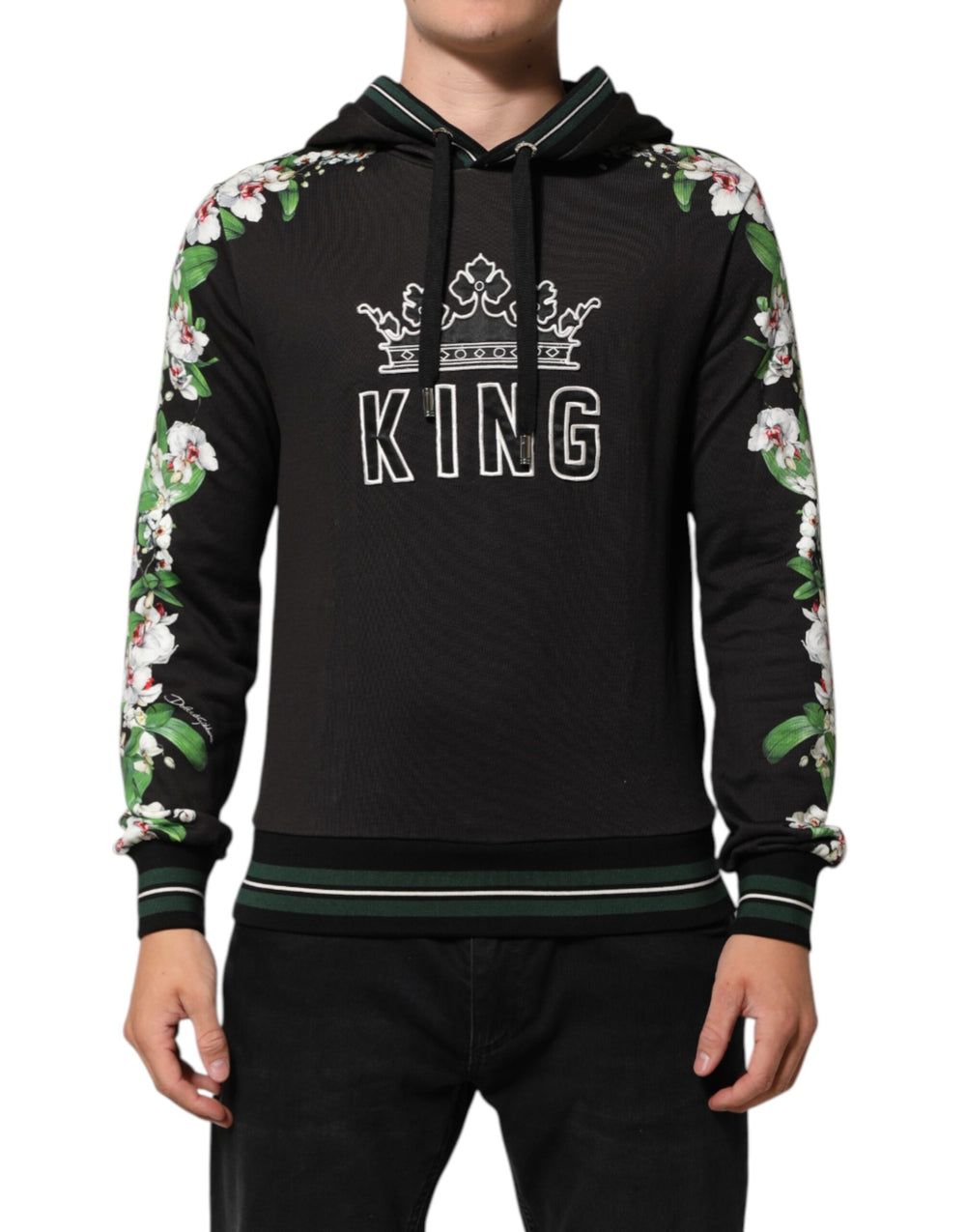 Dolce & Gabbana 100% Cotton Black Hoodie with Floral Print