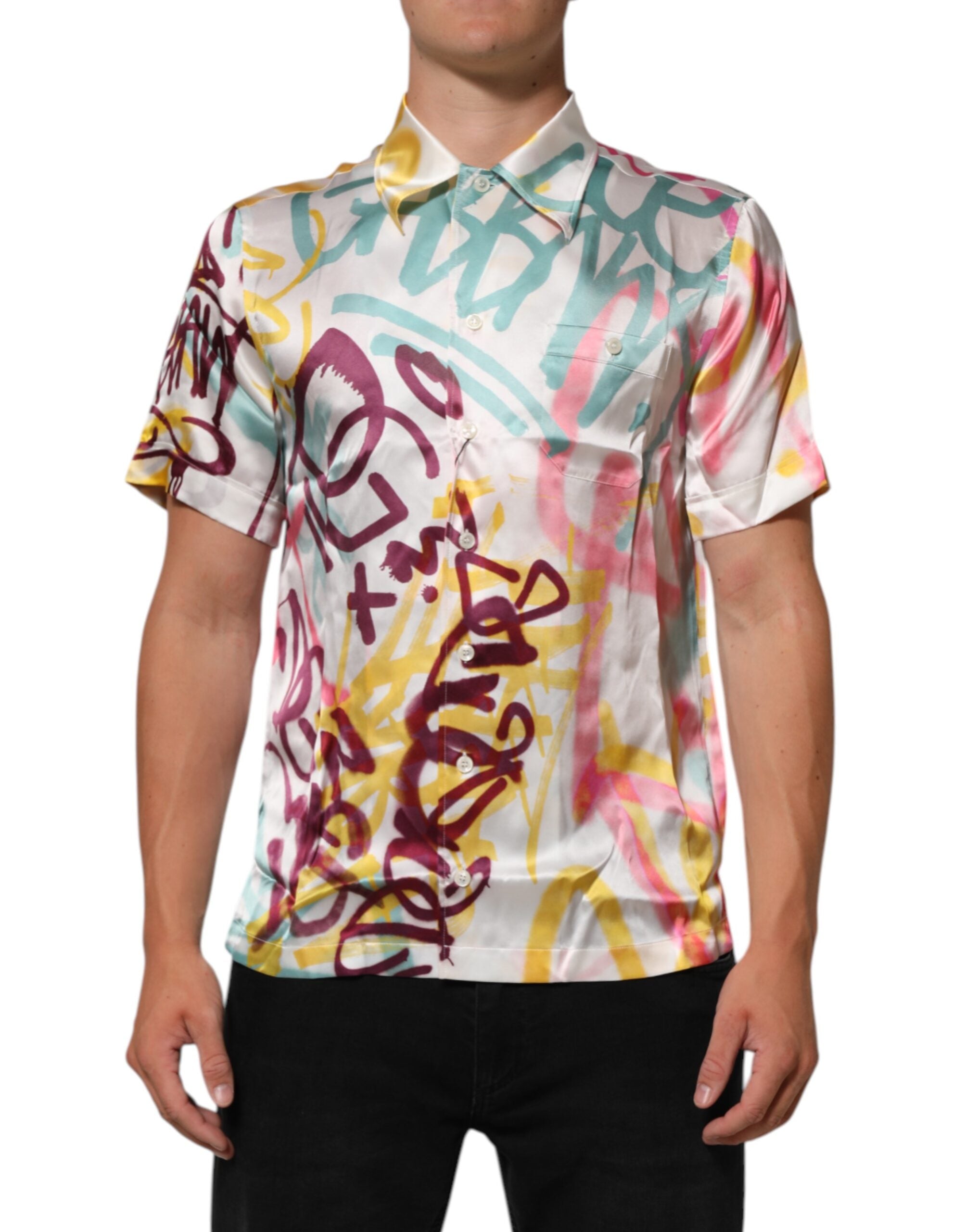 Dolce & Gabbana Πουκάμισο από 100% μετάξι με Graffiti Print σε Λευκό