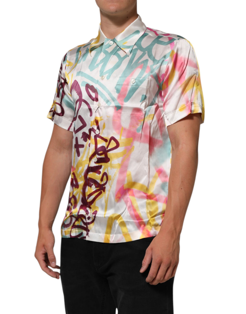 Dolce & Gabbana 100% Silk Hawaiian Graffiti Print Shirt in White