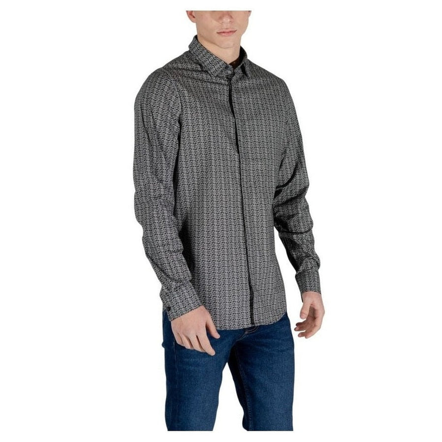 Armani Exchange Cotton-Elastane Geometric Pattern Shirt in Black