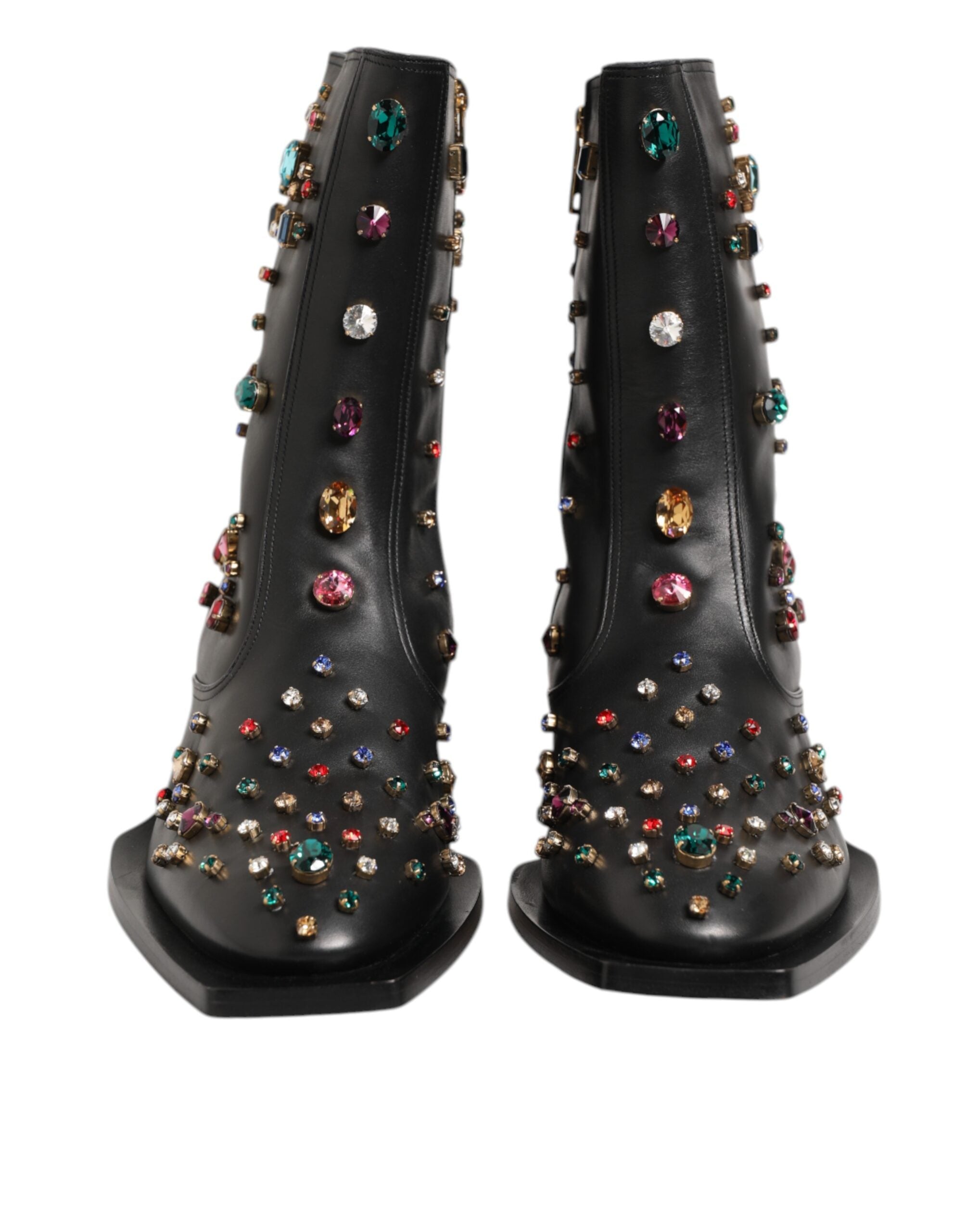 Dolce & Gabbana Crystal Embellished Calf Leather Ankle Boots in Black