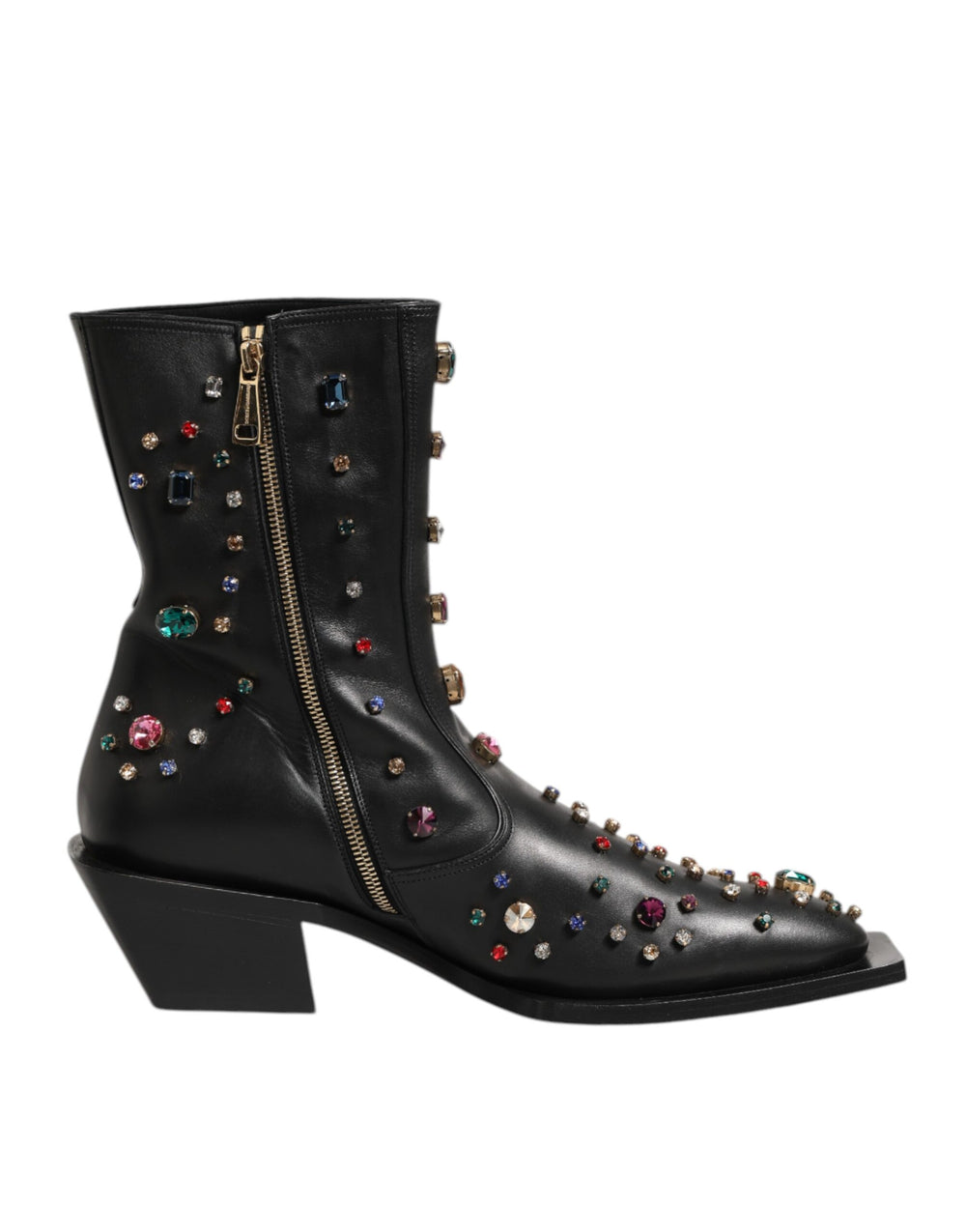 Dolce & Gabbana Crystal Embellished Calf Leather Ankle Boots in Black