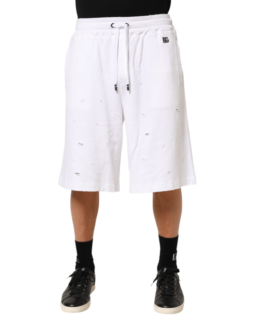 White Cotton Ripped Bermuda Sweatpants Shorts mens luxury fashion - Mens Edit