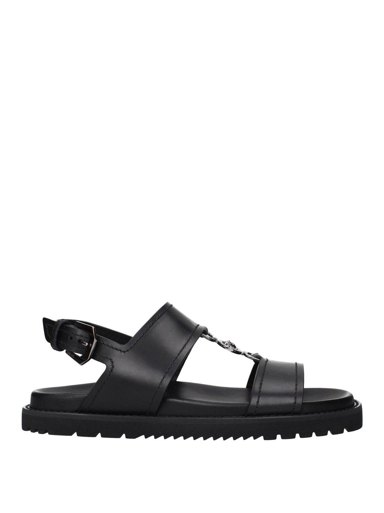 Versace Sandals Black Leather Front Detail Feature Artisanal Italian Craftsmanship Standards