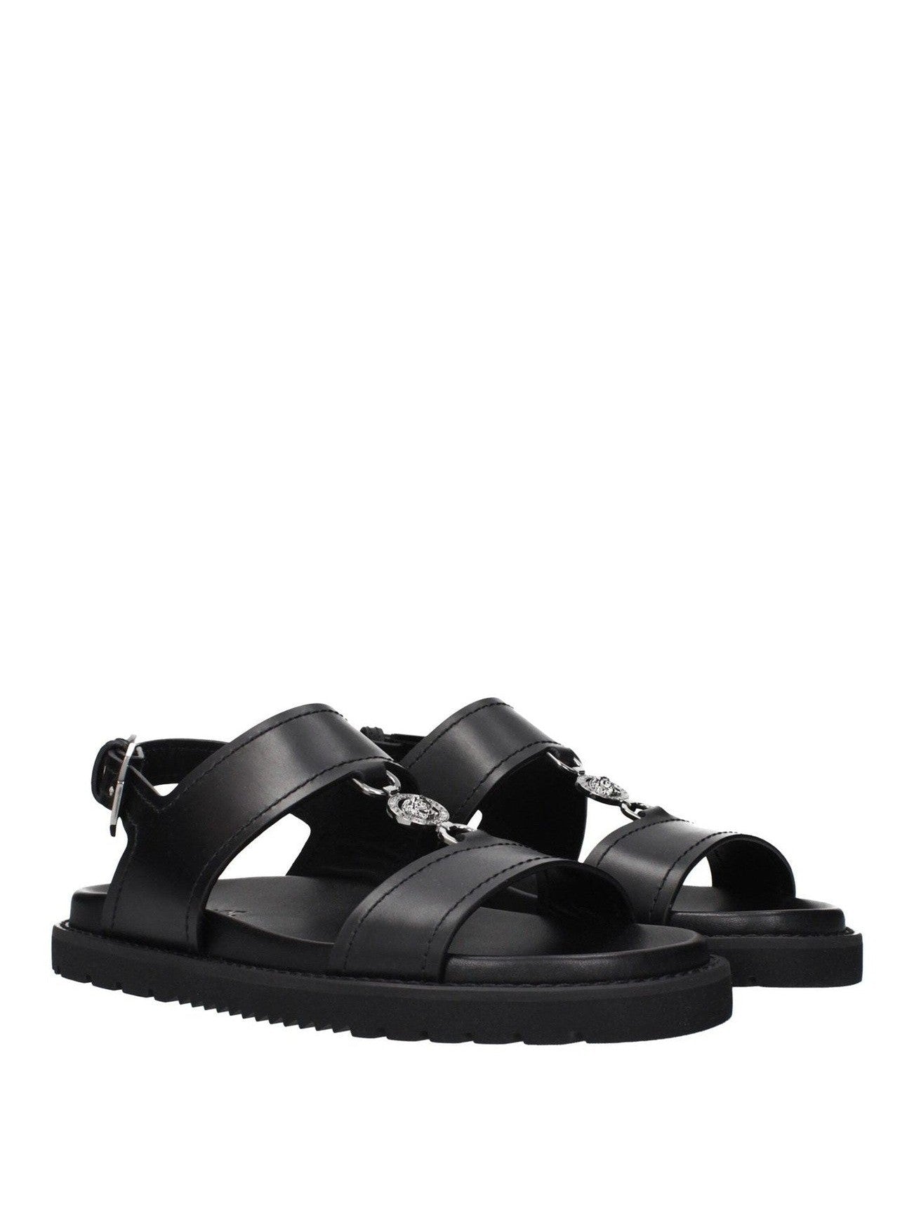 Versace Sandals Black Leather Front Detail Feature Artisanal Italian Craftsmanship Standards