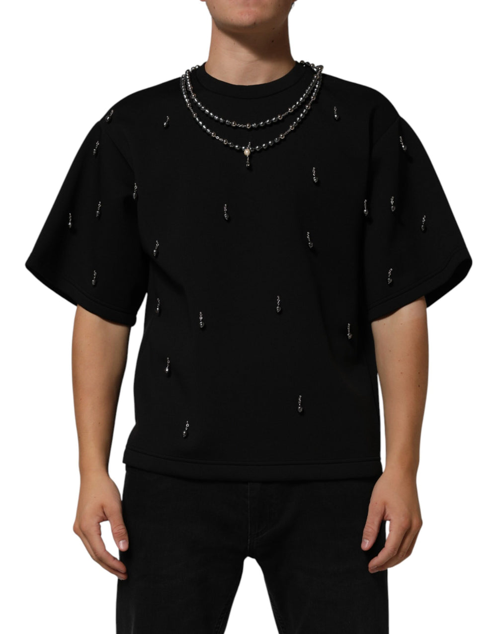 Black Polyester Necklace Embellished T-shirt mens luxury fashion - Mens Edit