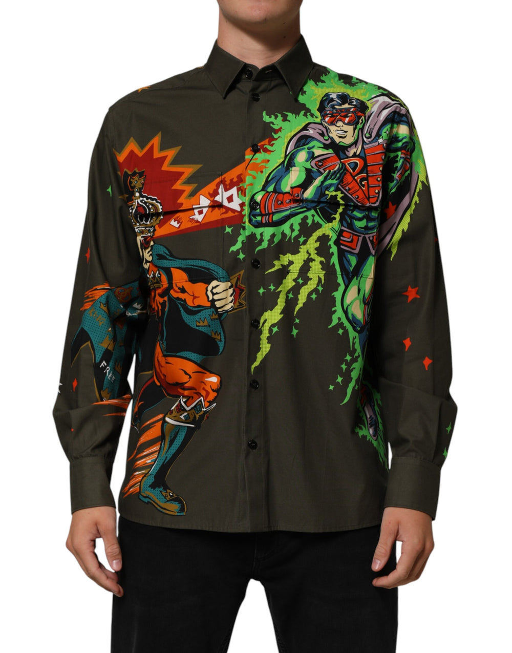 Green Superhero Print Button Down Shirt mens luxury fashion - Mens Edit