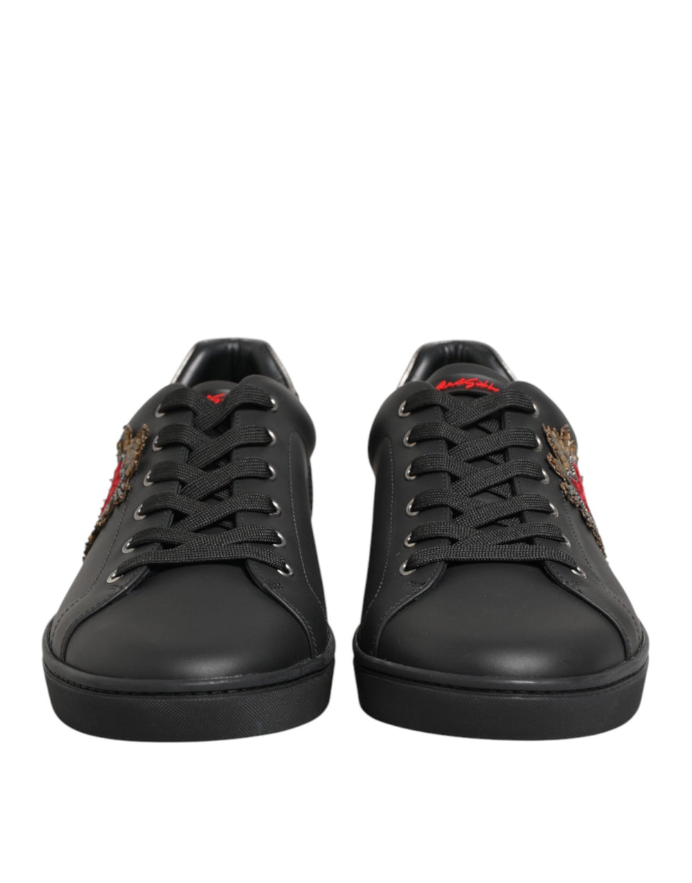 Dolce & Gabbana Calf Leather Heart Embellished Sneakers in Black