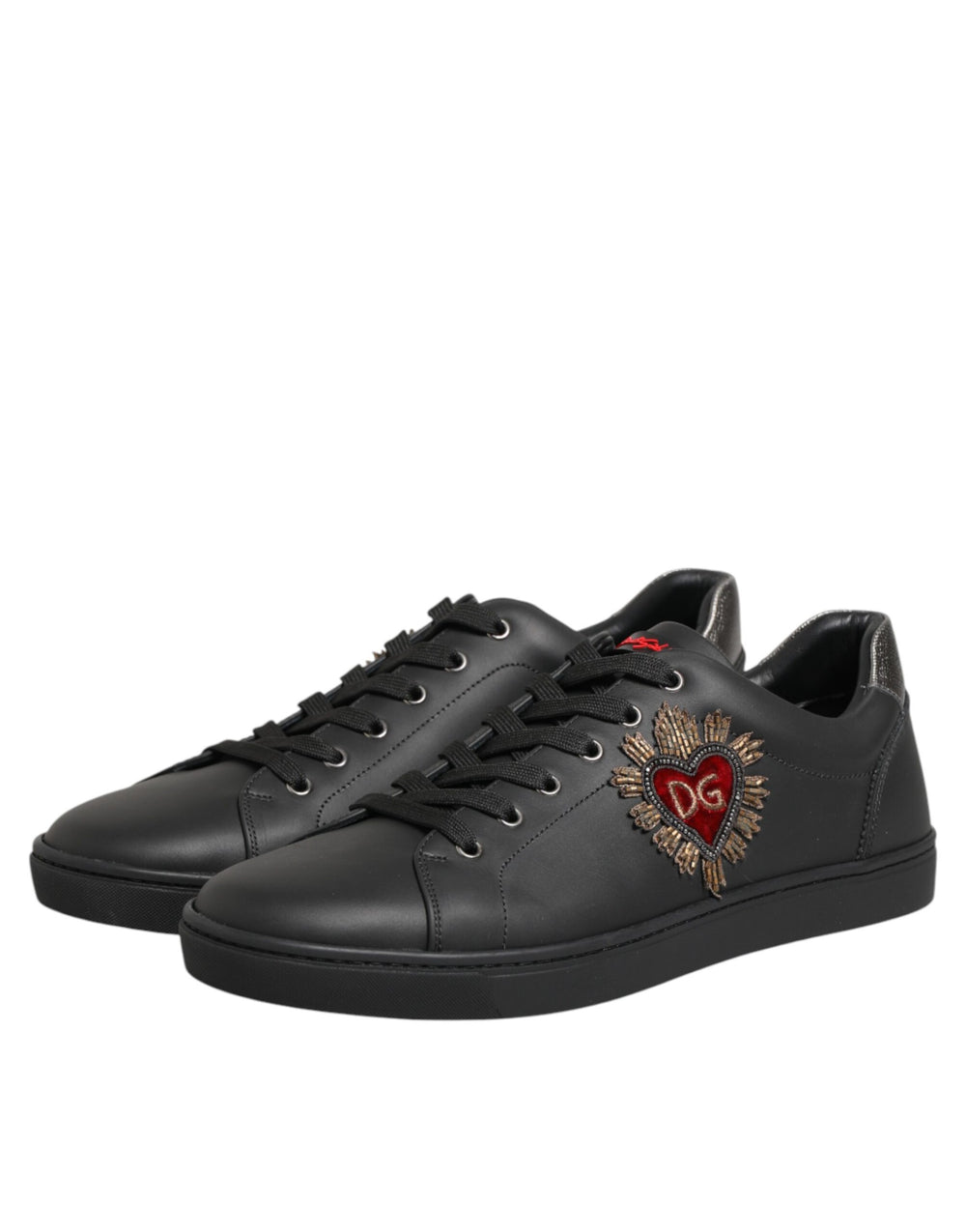Dolce & Gabbana Calf Leather Heart Embellished Sneakers in Black