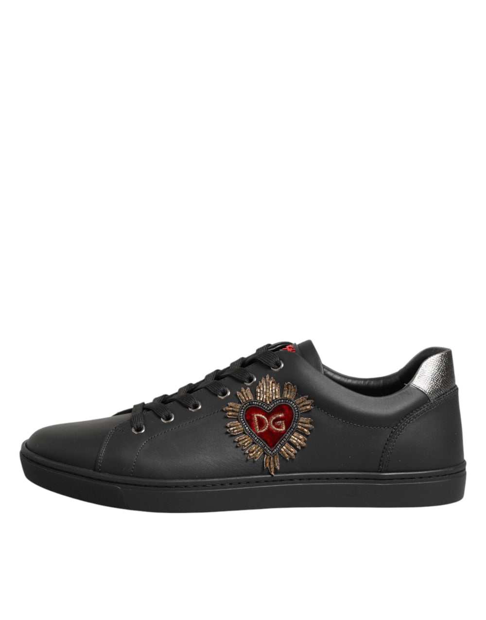 Dolce & Gabbana Calf Leather Heart Embellished Sneakers in Black