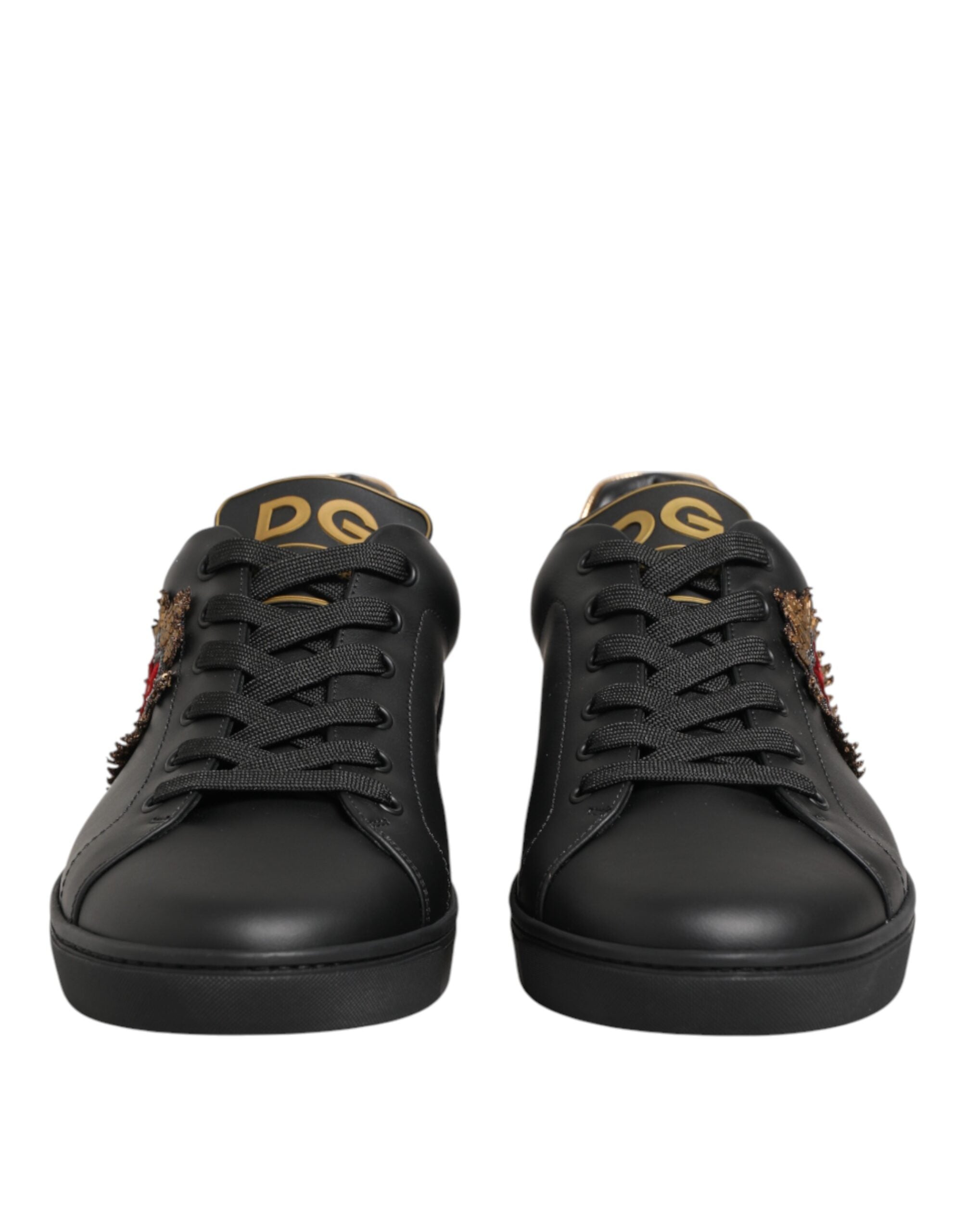 Black Leather Heart Embellished Sneakers Shoes mens luxury fashion - Mens Edit