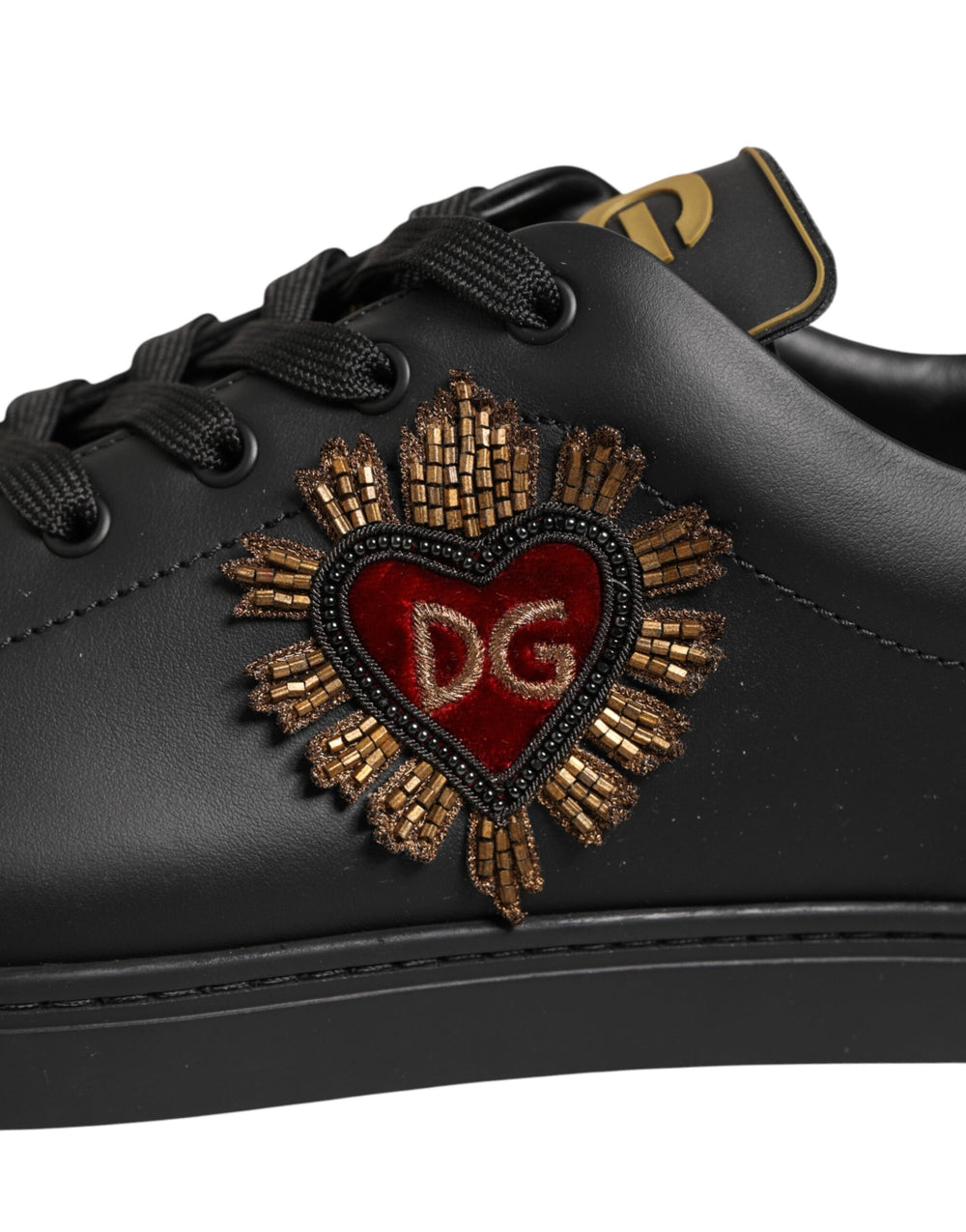 Dolce & Gabbana Calf Leather Heart Embellished Sneakers in Black